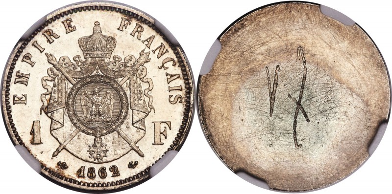 Napoleon III silver Proof Uniface Reverse Essai Franc 1862 PR67 NGC, cf. Maz-167...