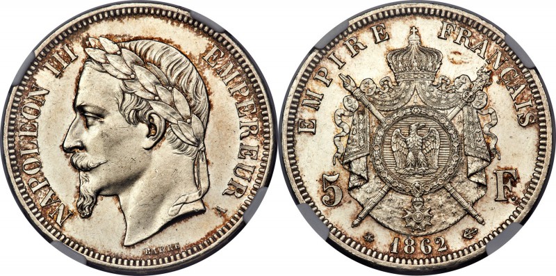 Napoleon III 5 Francs 1862-A MS63 NGC, Paris mint, KM799.1, Gad-739. The lowest ...