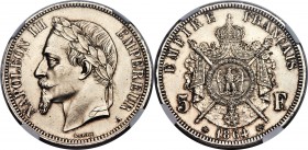 Napoleon III 5 Francs 1864-A MS62 NGC, Paris mint, KM799.1, Gad-739. Only the second example of the type and date which we have offered, followed by t...