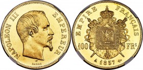 Napoleon III gold 100 Francs 1857-A MS64 NGC, Paris mint, KM786.1, Fr-569, Gad-1135. Semi-prooflike, with a noticeable degree of frosting across Louis...