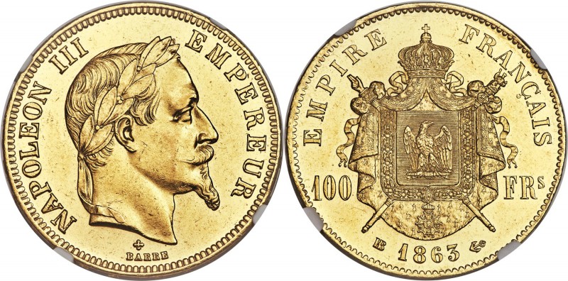 Napoleon III gold 100 Francs 1863-BB MS62 NGC, Strasbourg mint, KM802.2, Gad-113...