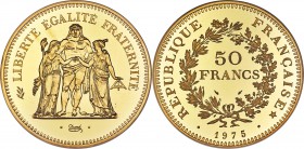 Republic gold Proof Piefort 50 Francs 1975 PR66 Ultra Cameo NGC, Paris mint, KM-P537. Mintage: 74. A sublime example of this low-mintage issue display...