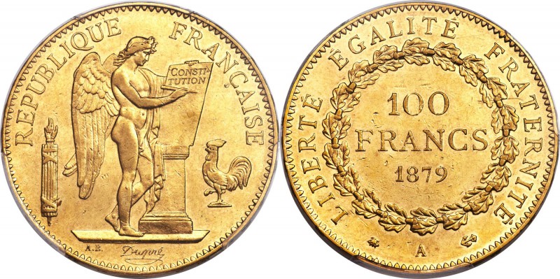 Republic gold 100 Francs 1879-A AU55 PCGS, Paris mint, KM832, Fr-590. Minimally ...