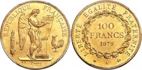 Republic gold 100 Francs 1879-A AU55 PCGS, Paris mint, KM832, Fr-590. Minimally rubbed at the higher points, but without most of the usual unsightly m...