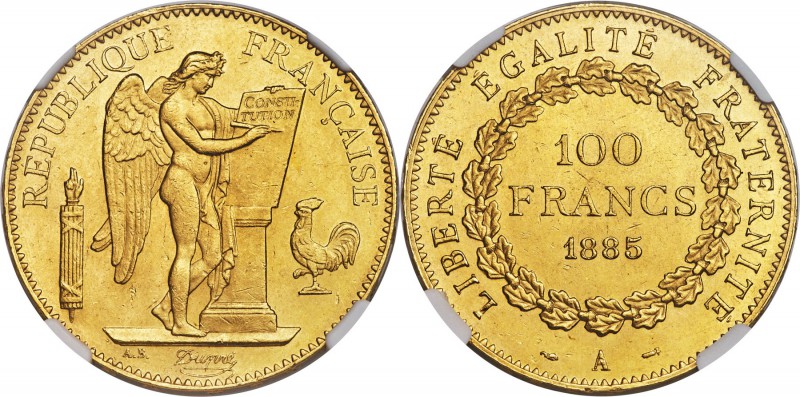 Republic gold 100 Francs 1885-A MS63 NGC, Paris mint, KM832, Fr-590. Choice, wit...