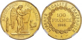 Republic gold 100 Francs 1885-A MS63 NGC, Paris mint, KM832, Fr-590. Choice, with soft golden luster. A historical type harking back to the early desi...