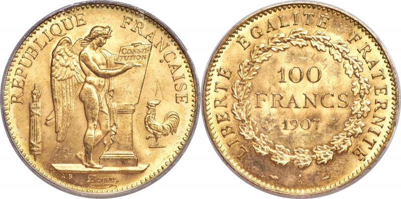 Republic gold 100 Francs 1907-A MS64 PCGS, Paris mint, KM858. Beautifully satiny...