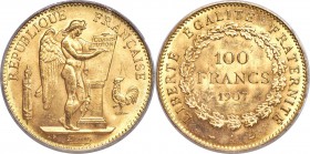 Republic gold 100 Francs 1907-A MS64 PCGS, Paris mint, KM858. Beautifully satiny, with a cloudy silver patina in the fields that adds a luxurious feel...