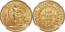 Republic gold 100 Francs 1909-A MS63 NGC, Paris mint, KM858, Fr-590. A glowing choice offering, highly collectible in this condition.

HID09801242017