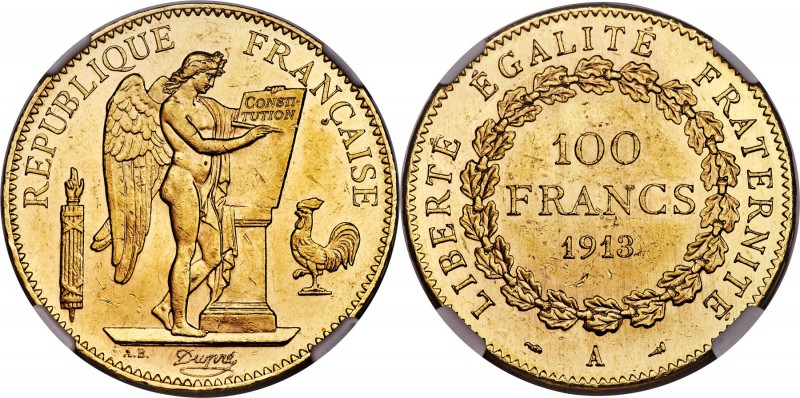 Republic gold 100 Francs 1913-A MS62 NGC, Paris mint, KM858. Glassy luster with ...