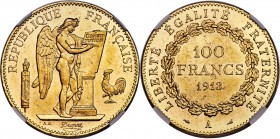 Republic gold 100 Francs 1913-A MS62 NGC, Paris mint, KM858. Glassy luster with a general level of preservation that borders on choice. AGW 0.9334 oz....