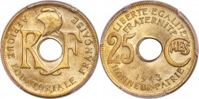 French Colony 25 Centimes 1943 MS64 PCGS, Pretoria mint, KM5, Lec-7 (under Afrique Centrale). A well-known and coveted rarity highly sought-after by t...