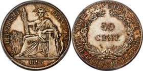 French Colony 50 Cents 1895-A MS64 PCGS, Paris mint, KM4, Lec-257. Well struck with bright mint luster and touches of russet patina around the periphe...