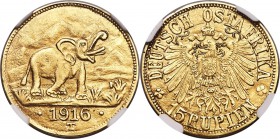 German Colony. Wilhelm II gold 15 Rupien 1916-T AU Details (Removed From Jewelry) NGC, Tabora mint, KM16.2, Fr-1. Arabesque below the "T" of OSTAFRIKA...