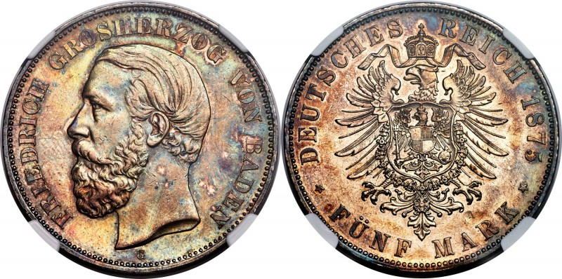 Baden. Friedrich I 5 Mark 1875-G AU55 NGC, Karlsruhe mint, KM263.2. Inverted "V"...