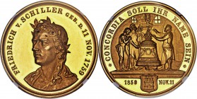 Hamburg. Free City gold Proof "Schiller" Medal 1859 PR61 Ultra Cameo NGC, Gaed-2104. By F. Staudigel and C. Schnitzspahn. Obverse: Bust of Friedrich S...