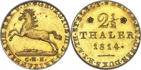 Hannover. George III of England gold 2-1/2 Taler 1814-CHH MS63 NGC, KM109, Fr-623, Jaeger-102. Struck to an impressive depth, with a resulting clarity...