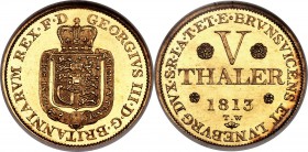 Hannover. George III of England gold Proof 5 Taler 1813-TW PF63 Cameo NGC, London mint, KM101, Fr-619. Dies by Thomas Wyon. Contrasting mirrored field...
