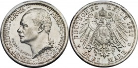 Hesse-Darmstadt. Ernst Ludwig "25th Year Jubilee" 3 Mark 1917-A (surface hairlines), Berlin mint, KM376. Mintage of only 1,333 pieces. Obv. Head of Er...