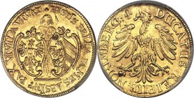 Nürnberg. Free City gold Ducat 1635 MS63 PCGS, KM137, Fr-1827. Lustrous gleaming fields endow the impressive devices of this choice ducat with a beaut...