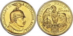 Prussia. Wilhelm II gold Specimen Pattern 5 Marks 1913-G SP67 PCGS, Karlsruhe mint, Schaaf-114/G2, Kienast-76. By Karl Goetz. Obverse: Bust of Wilhelm...