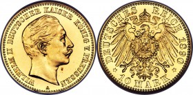 Prussia. Wilhem II gold Proof 10 Mark 1890-A PR66 NGC, Berlin mint, KM520. An outstanding premium gem Proof, the single highest certified example by e...