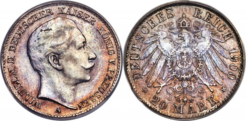 Prussia. Wilhelm II silver Pattern 20 Mark 1900-A AU50 PCGS, Schaaf-252/M1. An e...