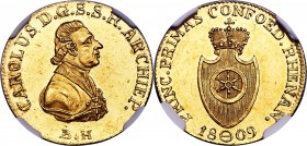 Rhenish Confederation. Karl Theodor gold Ducat 1809-BH MS62 NGC, Frankfurt mint, KM8. Nearly prooflike surfaces, with quite a bit of flash and lightly...