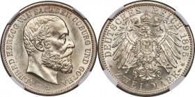Saxe-Coburg-Gotha. Alfred 2 Mark 1895-A MS63 NGC, Berlin mint, KM158. Flash-filled fields at every turn on this champagne toned 2 Mark. The central de...