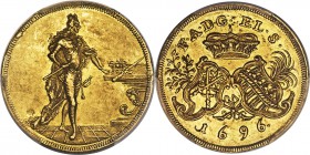 Saxony. Friedrich August I gold 2 Ducats 1696 UNC Detail (Countermarked) PCGS, KM680, Fr-2774. The tiny countermark in the lower obverse field barely ...