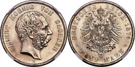 Saxony. Albert 5 Mark 1876-E MS63 NGC, Muldenhutten mint, KM1237. A conditional rarity in Mint State grades, with the current representative standing ...