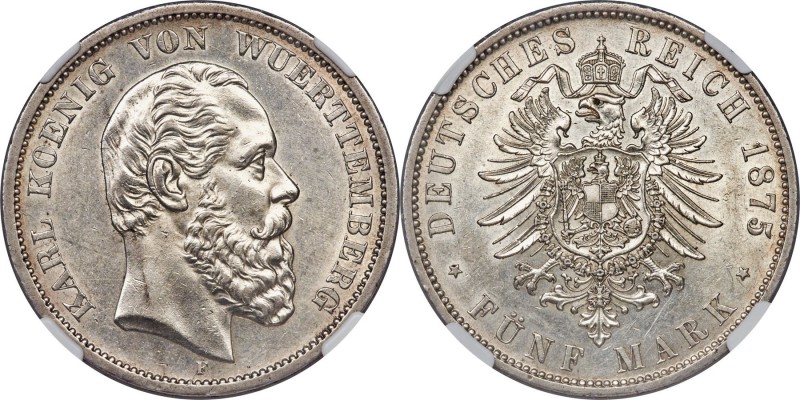 Württemberg. Karl I 5 Mark 1875-F MS60 NGC, Stuttgart mint, KM623. A challenging...