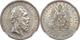 Württemberg. Karl I 5 Mark 1875-F MS60 NGC, Stuttgart mint, KM623. A challenging issue to find, particularly at the certified Mint State level, this s...
