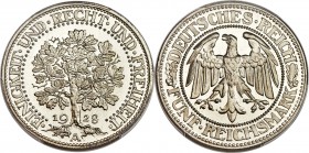 Weimar Republic Proof 5 Mark 1928-A PR68+ Cameo PCGS, Berlin mint, KM56. Oak tree type. A simply stunning example with no equal, this stands as the si...