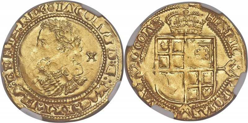 James I (1603-1625) gold 1/2 Laurel ND AU50 NGC, KM70, S-2641A. Fourth laureate ...