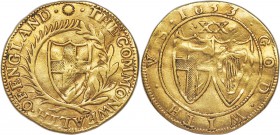 Commonwealth gold Unite 1653 VF (Creased), KM395.1, S-3208, N-2715. 8.73gm. Creased and cleaned in antiquity; nevertheless, an ever popular type, the ...
