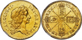 Charles II gold 1/2 Guinea 1670 MS62 NGC, KM431, S-3347. An outstanding specimen, only the second year that this denomination was ever produced. Charl...