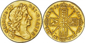Charles II gold Guinea 1676 AU (Altered Surfaces), KM424.1, S-3344. The planchet has a slightly 'sweated' look indicative of surface alteration, but o...