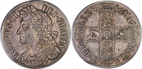 James II Crown 1686 XF45 PCGS, KM457, S-3406. Highly attractive for the technical grade, as the moderate circulation this coin has encountered is shal...