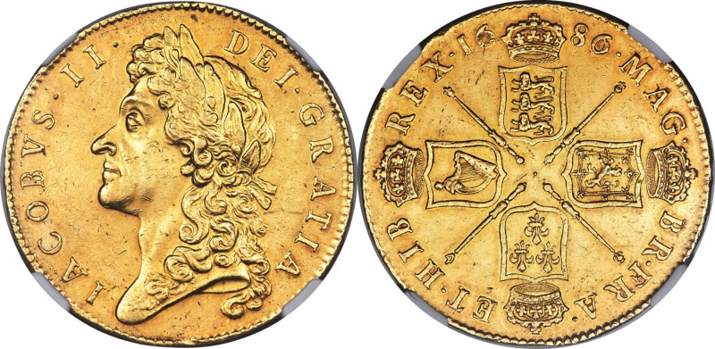 James II gold 5 Guineas 1686 AU58 NGC, KM460.1, S-3396. SECVNDO edge, denoting t...