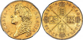 James II gold 5 Guineas 1686 AU58 NGC, KM460.1, S-3396. SECVNDO edge, denoting the second year of James's reign. An immense offering: the rarest year ...
