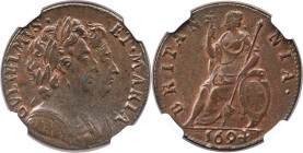 William & Mary Farthing 1694 MS63 Brown NGC, KM466.2, S-3453. Variety without stop after MARIA. Lavish quality for the minor coinage of these joint mo...