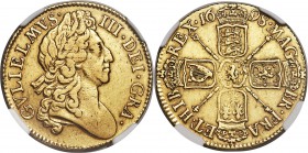 William III gold Guinea 1698 VF30 NGC, KM498.1, S-3460. Moderately circulated yet attractive still, with pleasing detail to William's portrait and a g...