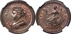 Anne copper Pattern Farthing 1714 MS64 Brown NGC, KM537, S-3625, Peck-742. A charming pattern Farthing representing Croker's new portrait of Britannia...