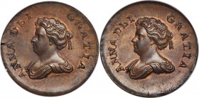 Anne copper Proof Trial 1/2 Penny ND (1702-1714) PR64 Brown NGC, Peck-713 (ER). A charming double-obverse trial for a Halfpenny that never came to be,...