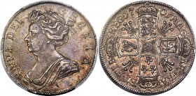 Anne 1/2 Crown 1705 AU58 PCGS, KM518.3, S-3581, ESC-571. Plumes in angles on reverse. A rare pre-Union issue of Anne, and perhaps the most visually im...