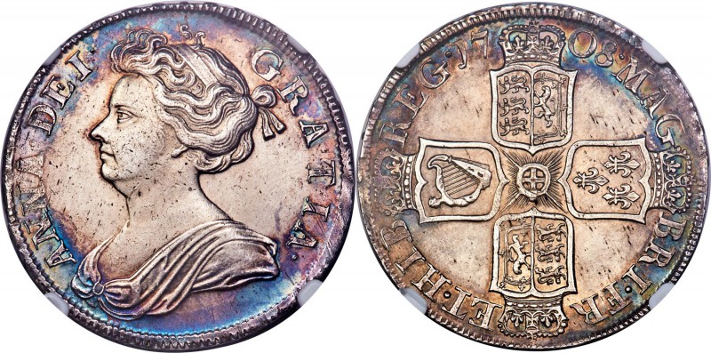 Anne 1/2 Crown 1708 MS60 NGC, KM525.3, S-3604. Pleasing for the grade, with a go...