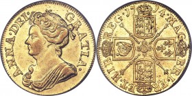 Anne gold Guinea 1714 AU58 PCGS, KM534, S-3574. A hair's breadth from Mint State, this superlative Guinea boasts abundant luster across the lemon-gold...