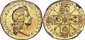 George I gold 1/2 Guinea 1725 MS62 NGC, KM560, S-3637. Hardly ever encountered in Mint State, a gleaming jewel of a coin with highly lustrous surfaces...