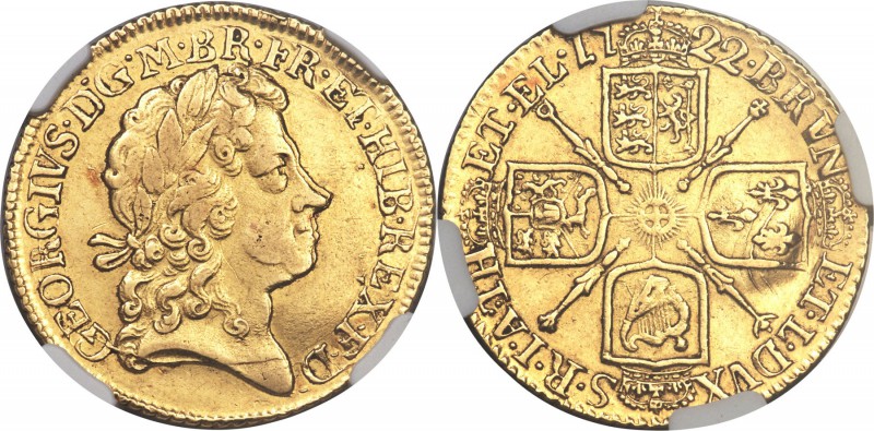 George I gold Guinea 1722 XF40 NGC, KM546.2, S-3631. An unusually appealing spec...